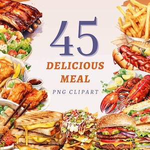 45 heerlijke maaltijd clipart, transparante PNG's van hoge kwaliteit, Instant Download, commercieel gebruik - Restaurant Menu Set, Lekker eten prints bundel