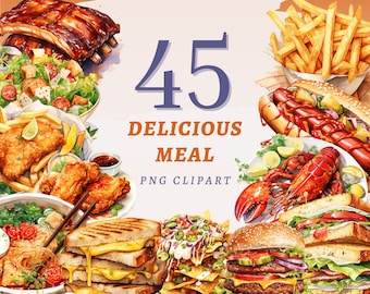 45 imágenes prediseñadas de comidas deliciosas, PNG transparentes de alta calidad, descarga instantánea, uso comercial - Conjunto de menús de restaurante, paquete de impresiones de comidas sabrosas