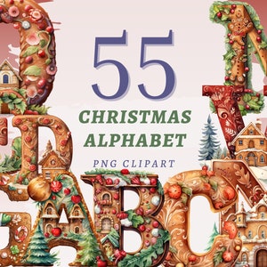 55 imágenes prediseñadas del alfabeto navideño, PNG transparentes de alta calidad, descarga instantánea, uso comercial - Diseño ABC, letras de jengibre imprimibles