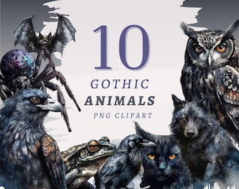 10 imágenes prediseñadas de animales góticos, PNG transparentes de alta calidad, descarga instantánea, uso comercial - Criatura gótica, estampados de animales negros, álbum de recortes