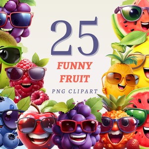 25 zabawnych owoców Clipart, wysokiej jakości przezroczyste PNG, natychmiastowe pobieranie, wykorzystanie komercyjne - grafika z rysunkami owoców, urocze ilustracje jedzenia