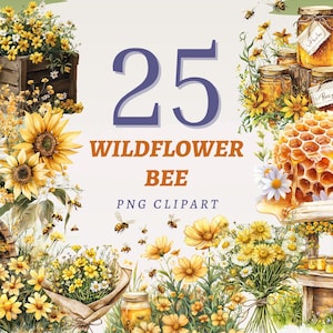 May include: A set of 25 watercolor illustrations featuring wildflowers and bees. The illustrations are perfect for crafting, scrapbooking, and digital design. The set includes a variety of flowers, including sunflowers, daisies, and wildflowers, as well as bees and honeycombs.