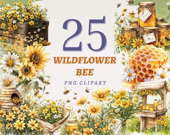 May include: A set of 25 watercolor illustrations featuring wildflowers and bees. The illustrations are perfect for crafting, scrapbooking, and digital design. The set includes a variety of flowers, including sunflowers, daisies, and wildflowers, as well as bees and honeycombs.