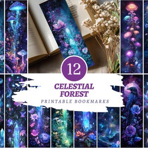 Celestial Forest Bookmarks, Electric Witch Garden, Neon Crystal Animals, Mystical Woodland Fantasy, Printable Reading Markers
