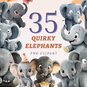 35 Elefantes peculiares Clipart, PNGs transparentes de alta qualidade, Download instantâneo, Uso comercial - Gráficos de desenho de animais, Estampas fofas de elefantes