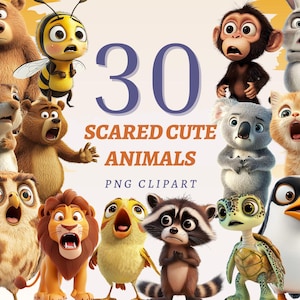 30 imágenes prediseñadas de animales lindos asustados, PNG transparentes de alta calidad, descarga instantánea, uso comercial: arte de caras aterrorizadas, diseños de animales divertidos