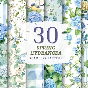 Puede incluir: Una colección de 30 patrones sin costuras de primavera con hortensias. Los diseños presentan hortensias azules y verdes, pájaros y conejos. El texto central dice "30 Spring Hydrangea Seamless Pattern".