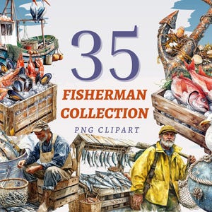 Può includere: Illustrazione ad acquerello con una collezione di pescatori con barche, frutti di mare e pescatori. L'immagine include casse di pesce, gamberi, cozze e un gabbiano. Il testo recita "35 Fisherman Collection PNG Clipart."