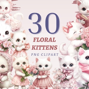 30 Floral Kittens Clipart for Sublimation Art Pink Cat Chibi Style Digital Stickers Floral Images Cartoon Kitty Printable Bundle Cute Cats