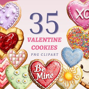 35 Valentine Cookies Clipart, PNGs transparentes de alta qualidade, download instantâneo, uso comercial - impressões de sobremesas doces, imagens do Dia dos Namorados