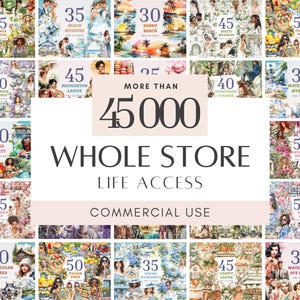 以下が含まれることがあります： ビーチウェディング、晴れたビーチシーン、イタリアの雰囲気など、さまざまなテーマの水彩クリップアートセットのコレクション。画像には「More than 45,000 Whole Store Life Access Commercial Use」というテキストが含まれています。