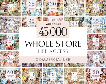 May include: A collection of watercolor clip art sets with various themes, including beach weddings, sunny beach scenes, and Italian vibes. The image includes the text "More than 45,000 Whole Store Life Access Commercial Use."