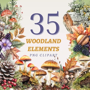 Peut inclure: Illustration à l'aquarelle avec des éléments de la forêt. L'image comprend des champignons, des pommes de pin, des baies, des feuilles et des fleurs. Le texte indique "35 Woodland Elements PNG Clipart". La palette de couleurs comprend des nuances de marron, de rouge, de vert et de violet.
