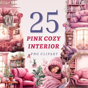 25 różowych przytulnych wnętrz clipart, wysokiej jakości przezroczyste pliki PNG, natychmiastowe pobieranie, komercyjne zastosowanie - akwarelowe wygodne wnętrza, dziewczęca słodka sofa