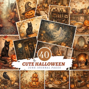 Könnte beinhalten: Eine Sammlung von 40 Halloween-Junk-Journal-Seiten mit Illustrationen von schwarzen Katzen, Kürbissen, Geistern, Raben und gemütlichen herbstlichen Innenräumen mit warmer Beleuchtung, inklusive des Textes 40 CUTE HALLOWEEN JUNK JOURNAL PAGES.