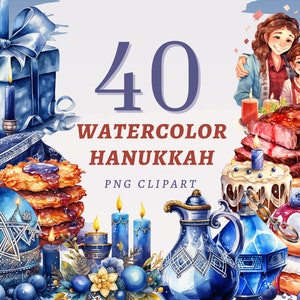 40 cliparts Hanoucca aquarelle, PNG transparents de haute qualité, téléchargement immédiat, usage Commercial - joyeux Hanoucca, impressions de célébration juive