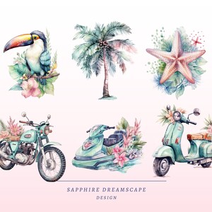 K&ouml;nnte beinhalten: Aquarell-Illustration einer tropischen Traumlandschaft mit einem Tukan, einer Palme, einem Seestern, einem Roller, einem Motorrad und einem Jetski. Die Illustration ist in einer hellblauen, gr&uuml;nen und rosafarbenen Farbpalette gehalten.