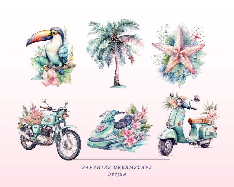 K&ouml;nnte beinhalten: Aquarell-Illustration einer tropischen Traumlandschaft mit einem Tukan, einer Palme, einem Seestern, einem Roller, einem Motorrad und einem Jetski. Die Illustration ist in einer hellblauen, gr&uuml;nen und rosafarbenen Farbpalette gehalten.