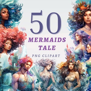 50 Mermaids Tale Clipart, hochwertige transparente PNGs, sofortiger Download, kommerzielle Nutzung - Meerjungfrau Kunstwerk, Unterwasser Drucke, Scrapbooking