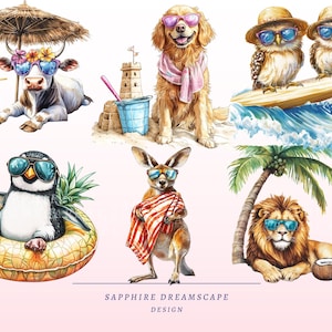 May include: A digital illustration of various animals enjoying a day at the beach. A cow wearing sunglasses and a flower crown, a golden retriever wearing a pink scarf, two owls riding a surfboard, a penguin in a pool float, a kangaroo wearing sunglasses and a red and white towel, and a lion wearing sunglasses and relaxing under a palm tree.
