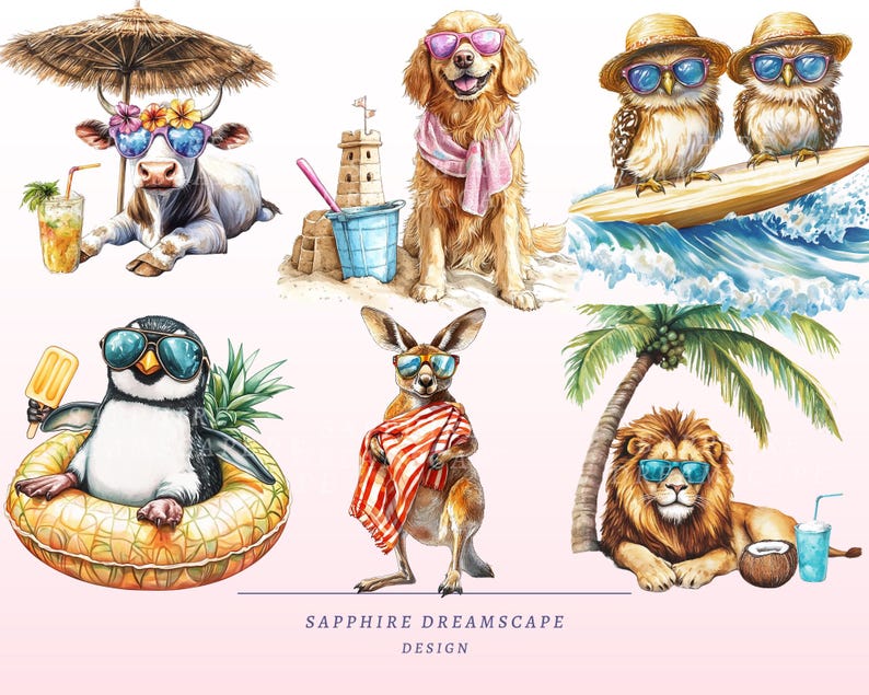 May include: A digital illustration of various animals enjoying a day at the beach. A cow wearing sunglasses and a flower crown, a golden retriever wearing a pink scarf, two owls riding a surfboard, a penguin in a pool float, a kangaroo wearing sunglasses and a red and white towel, and a lion wearing sunglasses and relaxing under a palm tree.