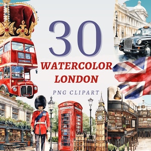 30 cliparts Londres aquarelle, PNG transparents de haute qualité, téléchargement immédiat, usage commercial - illustrations de voyage en Angleterre, dessins de Big Ben