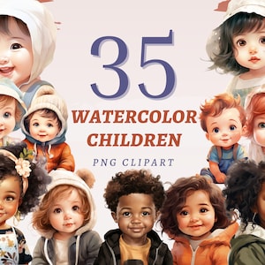 水彩画風の子供用クリップアート35点、高品質の透明PNG、即時ダウンロード、商用利用可 - 幼児向け印刷可能、かわいい女の子の赤ちゃん用セット