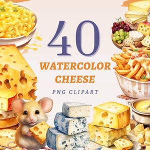 40 cliparts fromage aquarelle, PNG transparents de haute qualité, téléchargement immédiat, usage commercial - dessins de tranches de cheddar, ensemble imprimable fromages