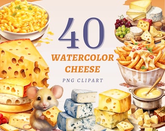 May include: A collection of 40 watercolor illustrations of different types of cheese, including cheddar, brie, and blue cheese. The illustrations are in a realistic style and are perfect for use in digital or printed projects.