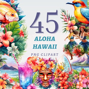 45 imágenes prediseñadas de Aloha Hawaii, PNG transparentes de alta calidad, descarga instantánea, uso comercial: vacaciones de verano, ilustraciones hawaianas tropicales