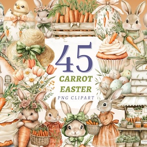 Peut inclure: Illustration à l'aquarelle sur le thème de Pâques. Des lapins, des carottes, des œufs et des compositions florales sont représentés. Le texte "45 CARROT EASTER PNG CLIPART" est affiché. La palette de couleurs comprend des tons pastel de vert, d'orange et de crème.