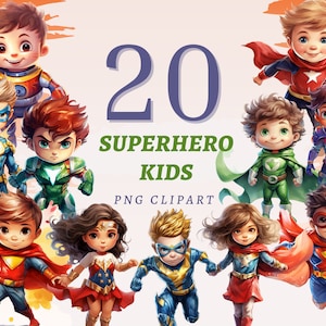 20 Superhelden Kinder Clipart, hochwertige transparente PNGs, sofortiger Download, kommerzielle Nutzung - Kinder Helden Cliparts, Superkid Illustration