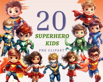 20 Superhero Kids Clipart, High Quality Transparent PNGs, Instant Download, Commercial Use - Children Heroes cliparts, Superkid Illustration