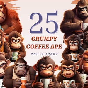 25 Grumpy Coffee Ape Clipart, High Quality Transparent PNGs, Instant Download, Commercial Use - Cartoon Animals set, Angry Gorillas designs