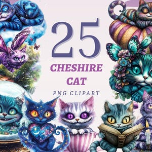25 cliparts chat du Cheshire Alice au pays des merveilles chats rayés imprimable Fantasy Decor Bundle téléchargement numérique impression lunatique PNG