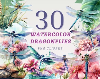 30 Watercolor Dragonflies Clipart, High Quality Transparent PNGs, Instant Download, Commercial Use - Dragonfly printable, Vibrant Bug images