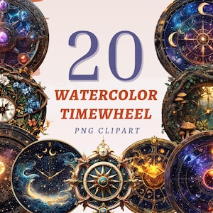 20 imágenes prediseñadas de rueda del tiempo en acuarela, PNG transparentes de alta calidad, descarga instantánea, uso comercial: diseños de relojes encantados y ruedas celestiales