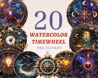 May include: A collection of 20 watercolor timewheel PNG clipart images. The designs feature celestial and natural elements, including moons, stars, flowers, and compasses, in a variety of colors. The text "20 WATERCOLOR TIMEWHEEL PNG CLIPART" is displayed.