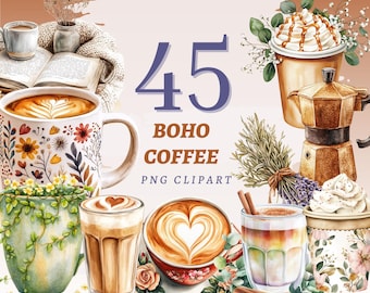 May include: Watercolor illustration featuring various coffee drinks, including lattes and cappuccinos, alongside a coffee maker and floral accents. The image includes the text "45 BOHO COFFEE PNG CLIPART". The overall theme is a cozy, bohemian aesthetic.