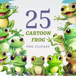 25 Cartoon Frosch Clipart, hohe Qualität transparente PNGs, sofortiger Download, kommerzielle Nutzung - Teich Tiere Designs, Comic Frösche Printables