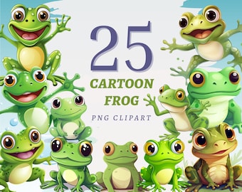 25 Cartoon Frog Clipart, High Quality Transparent PNGs, Instant Download, Commercial Use - Pond Animals designs, Comic Frogs Printables