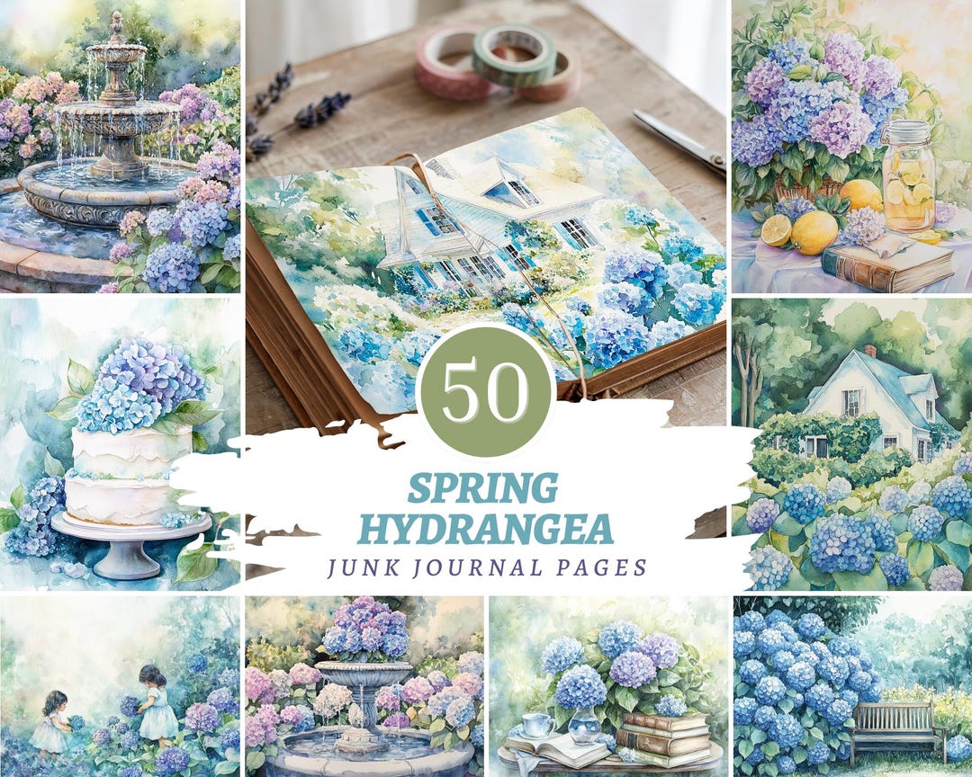 Spring Hydrangea Junk Journal Pages, Blue Purple Floral Digital Papers ...