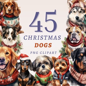 May include: 45 Christmas Dogs PNG Clipart. A collection of watercolor illustrations of dogs wearing festive attire, including Santa hats, scarves, and sweaters. The dogs are depicted in various breeds and poses, creating a cheerful and festive scene.