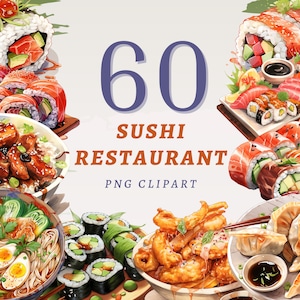 60 clipart de restaurante de sushi, PNGs transparentes de alta qualidade, download instantâneo, uso comercial - imprimíveis de comida asiática, impressão de jantar japonês