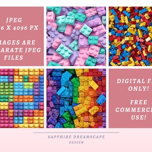 May include: A digital file with six colorful images of toy building blocks. The blocks are in various colors, including pink, blue, yellow, and green. The text "JPEG 4096 X 4096 PX IMAGES ARE SEPARATE JPEG FILES" is visible.