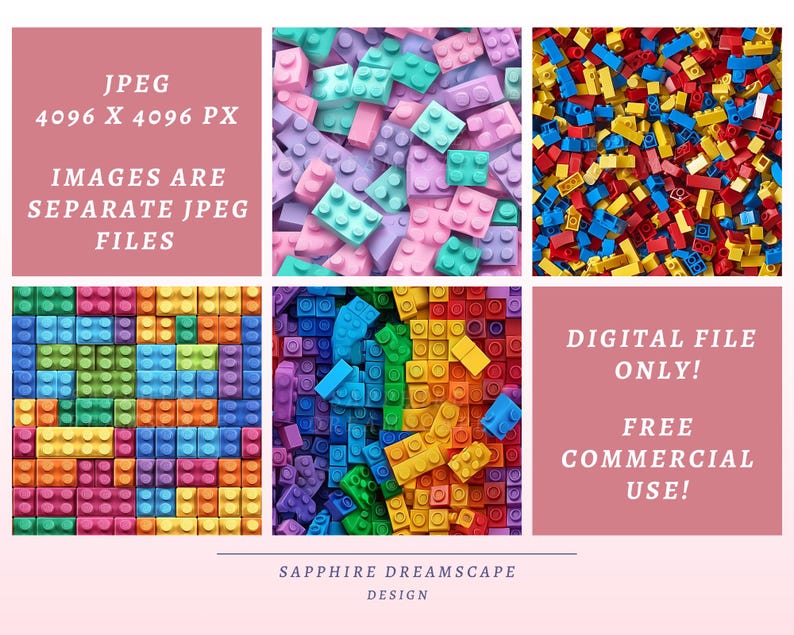 May include: A digital file with six colorful images of toy building blocks. The blocks are in various colors, including pink, blue, yellow, and green. The text "JPEG 4096 X 4096 PX IMAGES ARE SEPARATE JPEG FILES" is visible.