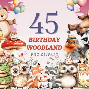 45 Wald Geburtstag Party Clipart, hohe Qualität transparente PNGs, sofortiger Download, kommerzielle Nutzung - alles Gute zum Geburtstag Kunst, süße Natur Dekor