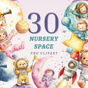 30 imágenes prediseñadas del espacio de la guardería, PNG transparentes de alta calidad, descarga instantánea, uso comercial: lindo paquete de arte de astronauta, obras de arte para baby shower