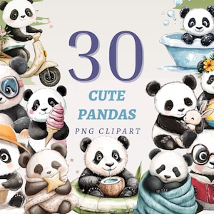 30 adorables imágenes prediseñadas de pandas, conjunto de impresiones de animales de acuarela, decoración de pandas, invitaciones para fiestas, guardería, imágenes de cuentos imprimibles de pandas