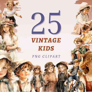 25 Vintage Kids Clipart, Hoge kwaliteit transparante PNGs, Instant Download, Commercieel gebruik - Retro Kid Printable, Old Fashion Children designs